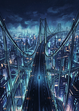 Lone Figure on Futuristic City Bridge