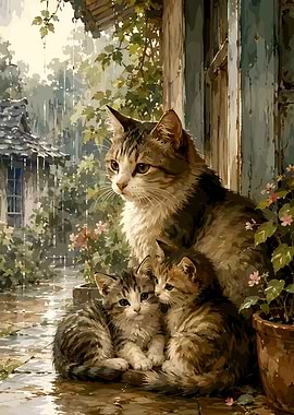 Mother Cat and Kittens in Rain