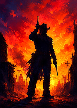 Lone Cowboy Silhouette at Sunset