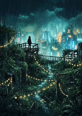Person overlooking a rainy cyberpunk city