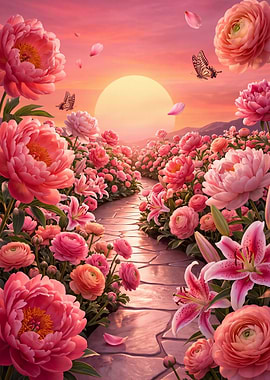 Sunset Garden Path with Peonies