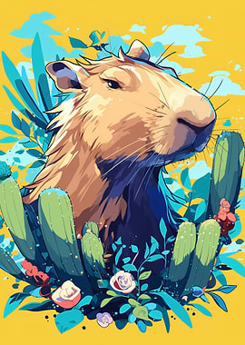 Stylized Capybara in Desert Flora