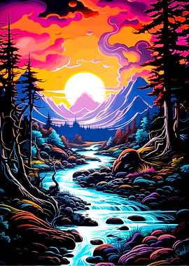 Vibrant Psychedelic Mountain River Landscape