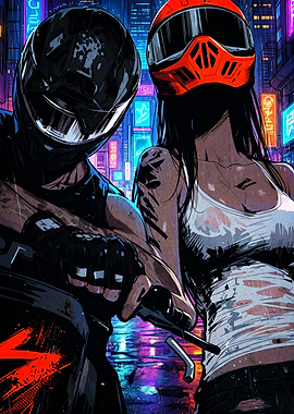 Cyberpunk Biker Duo in Neon City