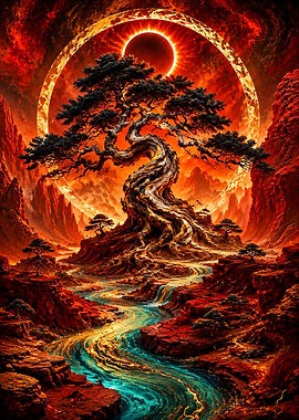 Ethereal Bonsai Tree Under Solar Eclipse