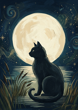 Black Cat By Lake Under Full Moon