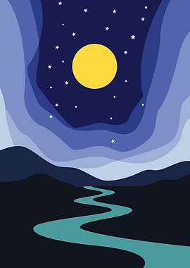 Minimalist Night Landscape with Moon
