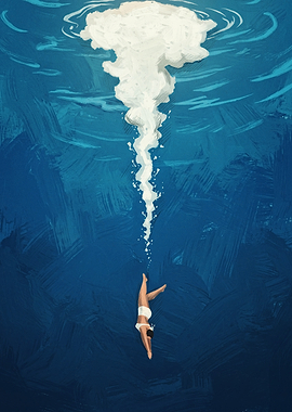 Deep Blue Ocean Diver Minimalist Poster