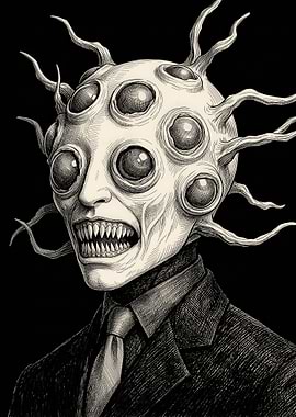 Surreal Multi-Eyed Creature in Suit