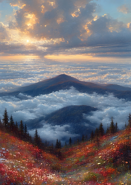 Sunset Over Mountain Peaks and Flowers