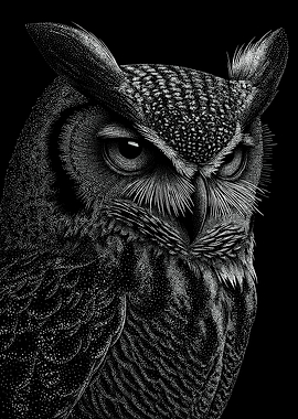 Detailed black and white dotwork owl portrait