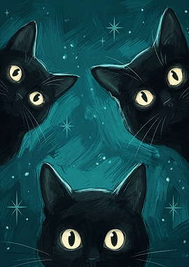 Three Curious Black Cats Night Sky