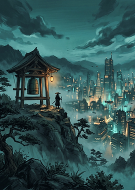 Samurai overlooking a futuristic city