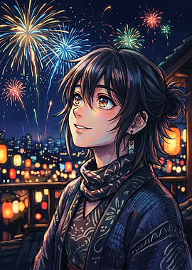 Anime Character Watching Fireworks Display