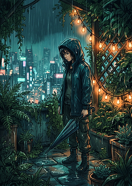 Melancholic Rainy Night on Balcony