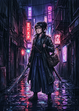 Cyberpunk Samurai in Rainy Alleyway
