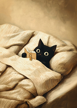 Cozy Black Cat Reading Book In Bed