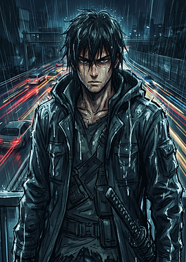 Anime Warrior in Rainy City