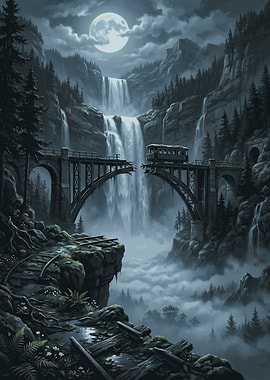 Abandoned Train on Broken Bridge