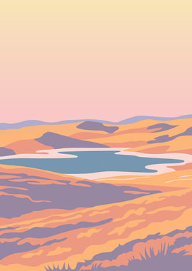 Minimalist Pastel Landscape with Lake
