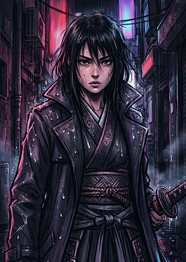 Cyberpunk Samurai in Rainy Alley