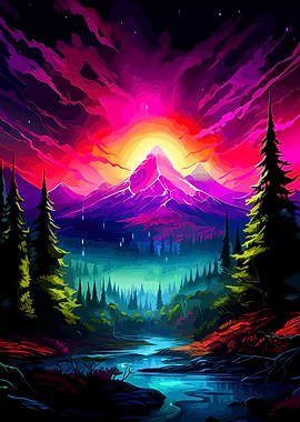 Vibrant Neon Mountain Sunset Landscape