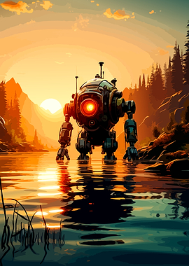 Robot Standing in Sunset Lake