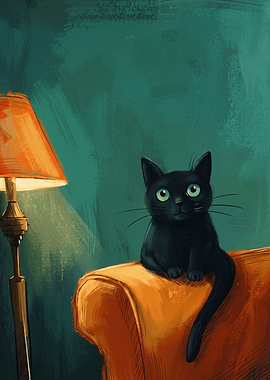 Black Cat On Orange Sofa Under Lamp