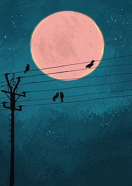 Pink Moon Telephone Pole Birds Art