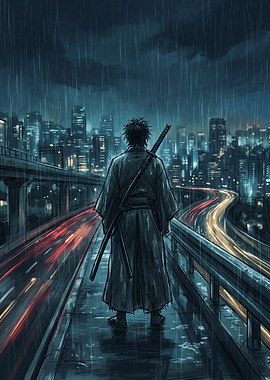 Samurai Standing on Rainy City Highway