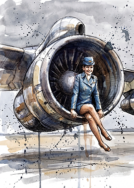 Stewardess Sitting on Jet Engine