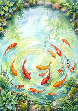 Watercolor Koi Pond with Vibrant Fish