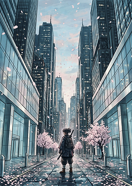 Samurai standing in modern city street