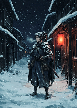 Samurai Warrior in Snowy Village