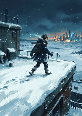 Boy walking on snowy rooftop