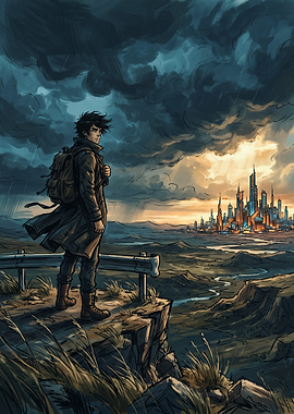 Traveler overlooking a futuristic city
