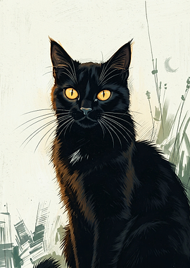 Elegant Black Cat City Silhouette Art