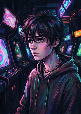 Melancholic Boy in Neon Arcade