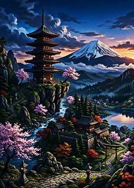 Sacred Pagoda Overlooking Mount Fuji at Sunset