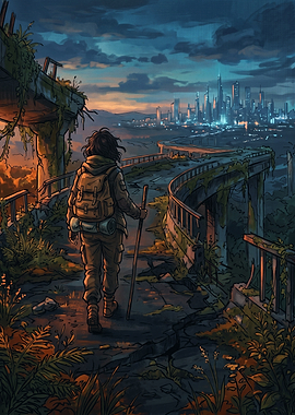 Post-Apocalyptic Traveler Approaching Distant City