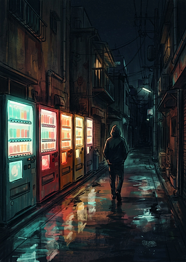 Lone figure in a neon alleyway