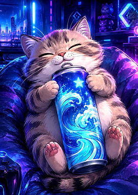 Cute Cat Holding Glowing Energy Drink