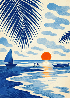 Minimalist Blue Beach Sunset Landscape