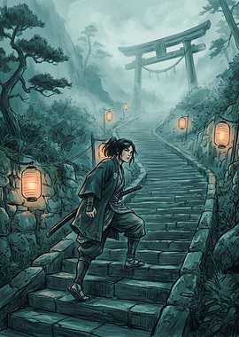Samurai Ascending the Temple Stairs