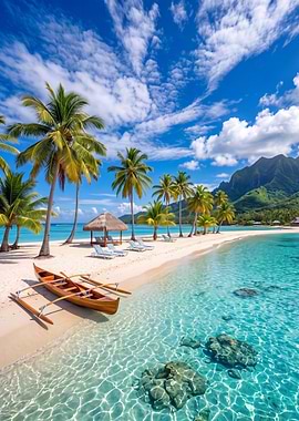 Tropical Beach Paradise with Outrigger Canoe