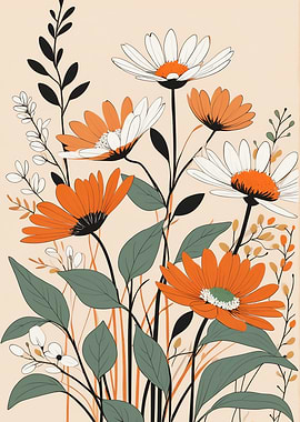 Modern Minimalist Orange and White Floral