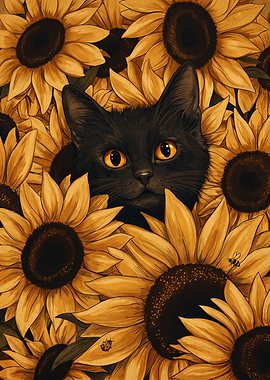 Black Cat Hiding In Sunflower Field