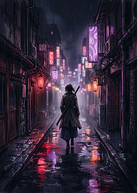 Samurai Walking Through Rainy Neon Alley