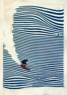 Abstract Blue Striped Wave Surfer Art