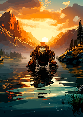Futuristic Mech in Mountain Lake Sunset